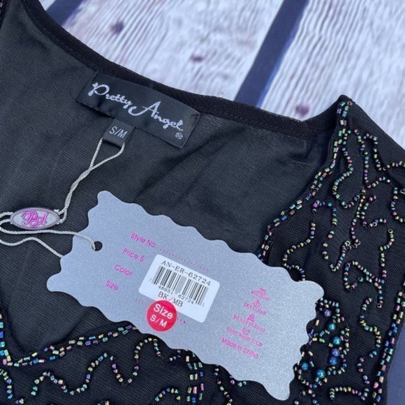 PRETTY ANGEL Black Iridescent Beaded Silk Tank S/M - Picture 6 of 10